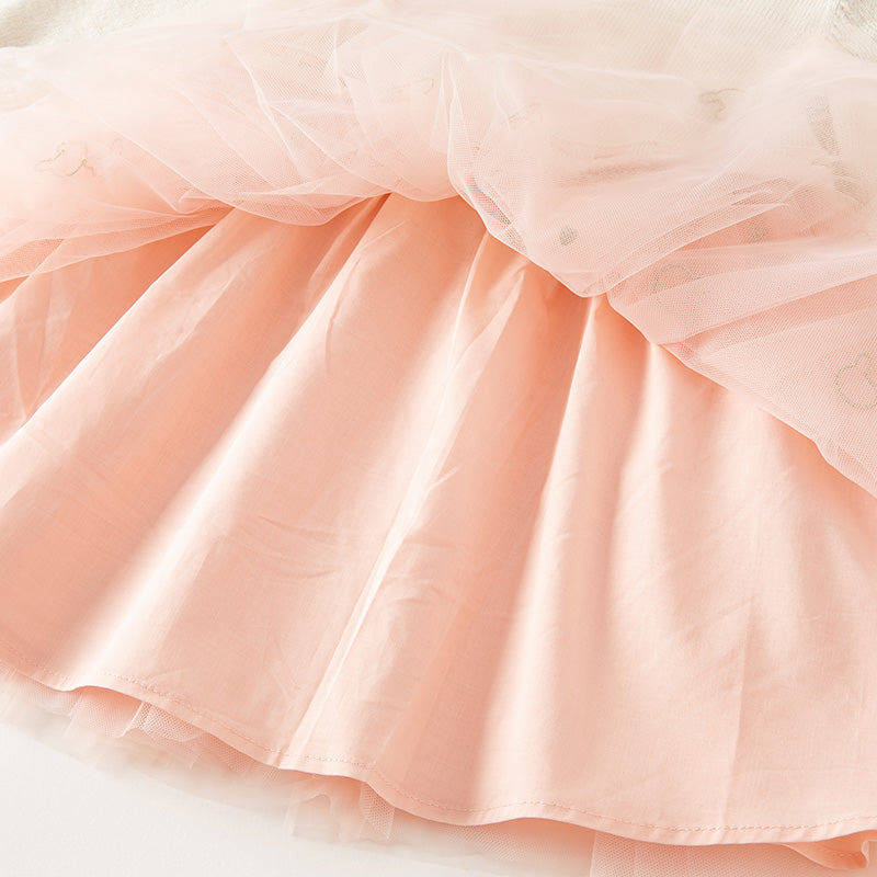 فستان بنات طويل الأكمام باللون الوردي الرمادي من القماش المحبوك مع تنورة تول منفوشة بأسلوب أميرة