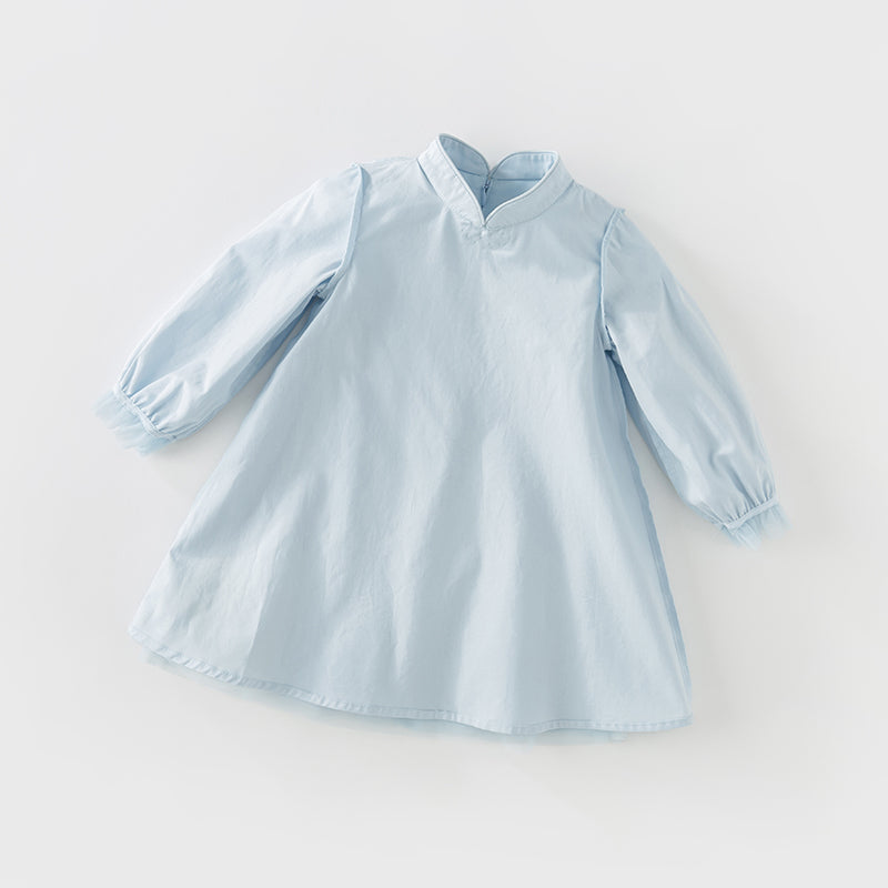 فستان للبنات الصغيرات بأكمام طويلة من التول الأزرق بتصميم صيني جديد مع عناصر أرنب (يشمل حقيبة كروس)