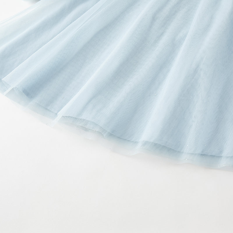 فستان للبنات الصغيرات بأكمام طويلة من التول الأزرق بتصميم صيني جديد مع عناصر أرنب (يشمل حقيبة كروس)