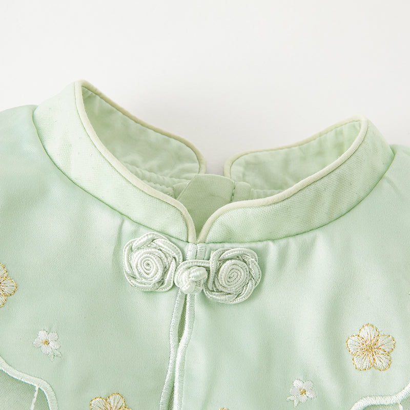 فستان بنات طويل الأكمام من التول باللون الأخضر بأسلوب صيني عصري