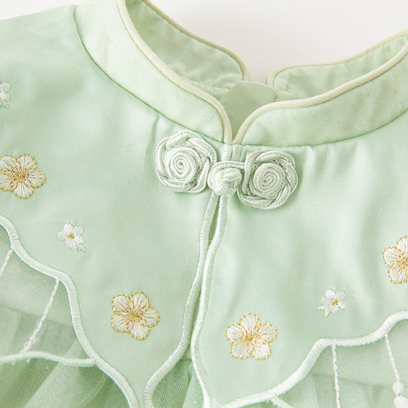 فستان بنات طويل الأكمام من التول باللون الأخضر بأسلوب صيني عصري