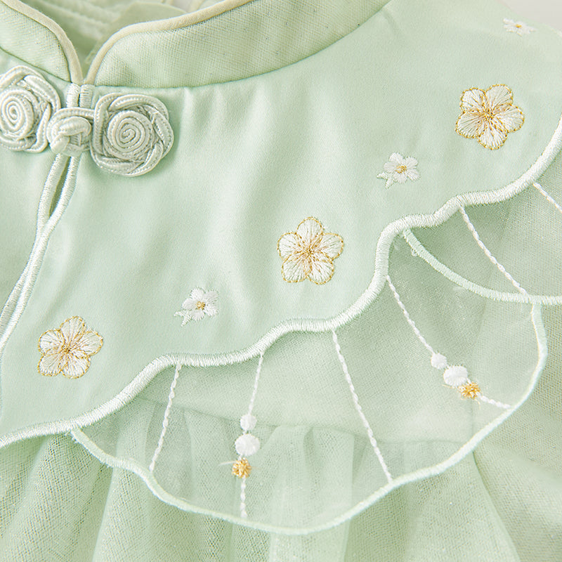 فستان بنات طويل الأكمام من التول باللون الأخضر بأسلوب صيني عصري