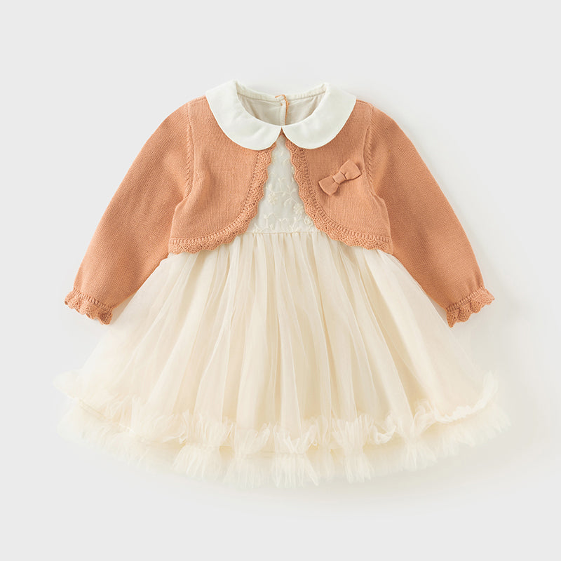 فستان بنات طويل الأكمام من قماش محبوك باللون الوردي البرتقالي مع تنورة تول بأسلوب أميرة