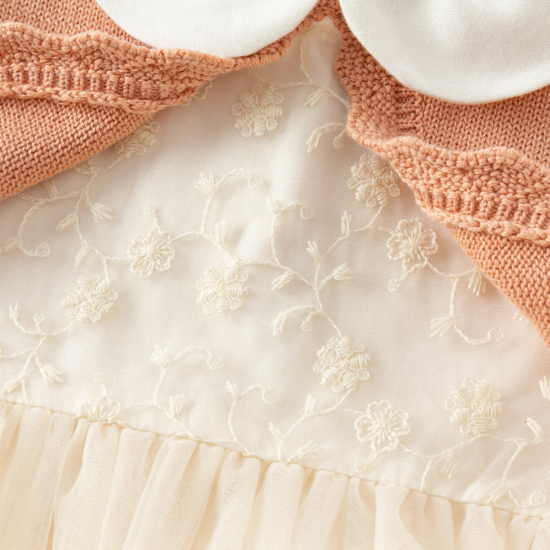 فستان بنات طويل الأكمام من قماش محبوك باللون الوردي البرتقالي مع تنورة تول بأسلوب أميرة