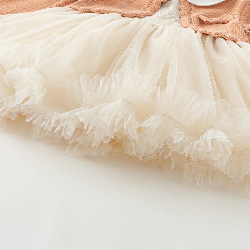 فستان بنات طويل الأكمام من قماش محبوك باللون الوردي البرتقالي مع تنورة تول بأسلوب أميرة