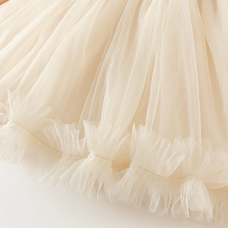 فستان بنات طويل الأكمام من قماش محبوك باللون الوردي البرتقالي مع تنورة تول بأسلوب أميرة