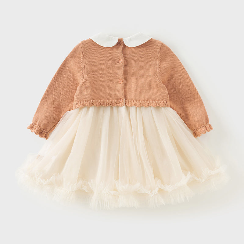 فستان بنات طويل الأكمام من قماش محبوك باللون الوردي البرتقالي مع تنورة تول بأسلوب أميرة