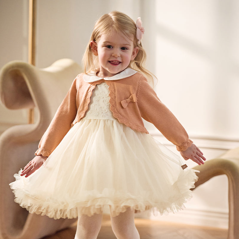 فستان بنات طويل الأكمام من قماش محبوك باللون الوردي البرتقالي مع تنورة تول بأسلوب أميرة