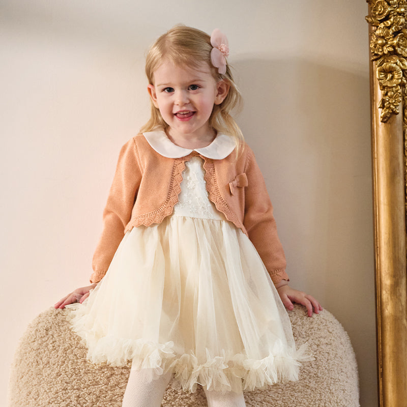 فستان بنات طويل الأكمام من قماش محبوك باللون الوردي البرتقالي مع تنورة تول بأسلوب أميرة