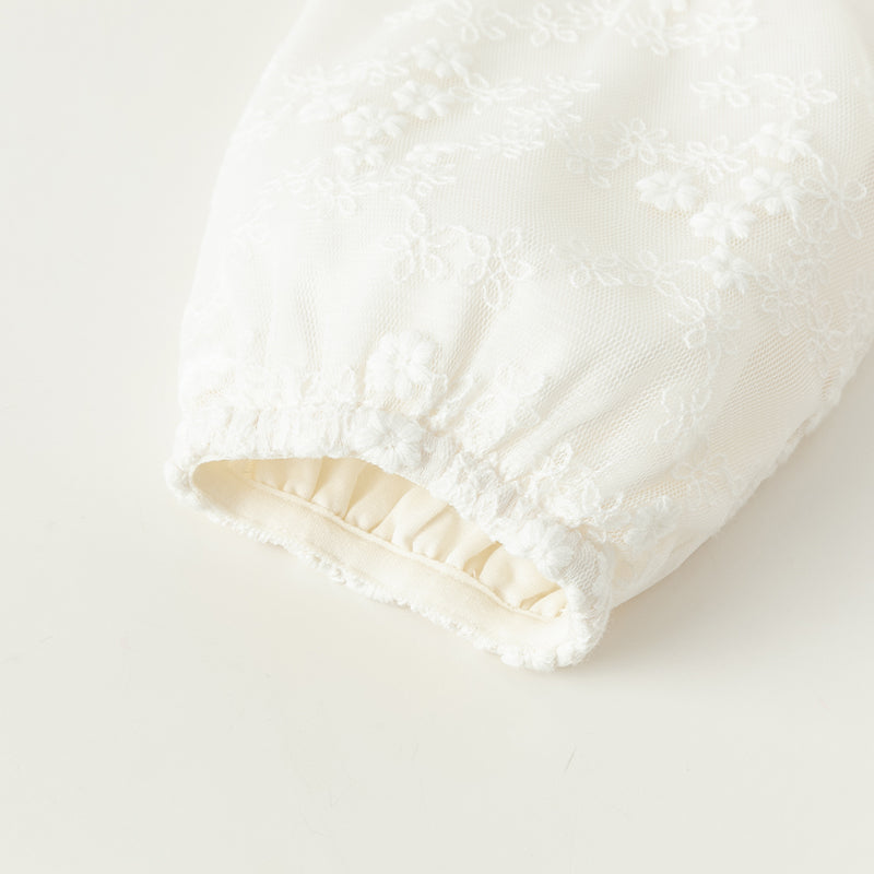 فستان بنات طويل الأكمام من التول باللون البيج بأسلوب أميرة مع تطريز فاخر