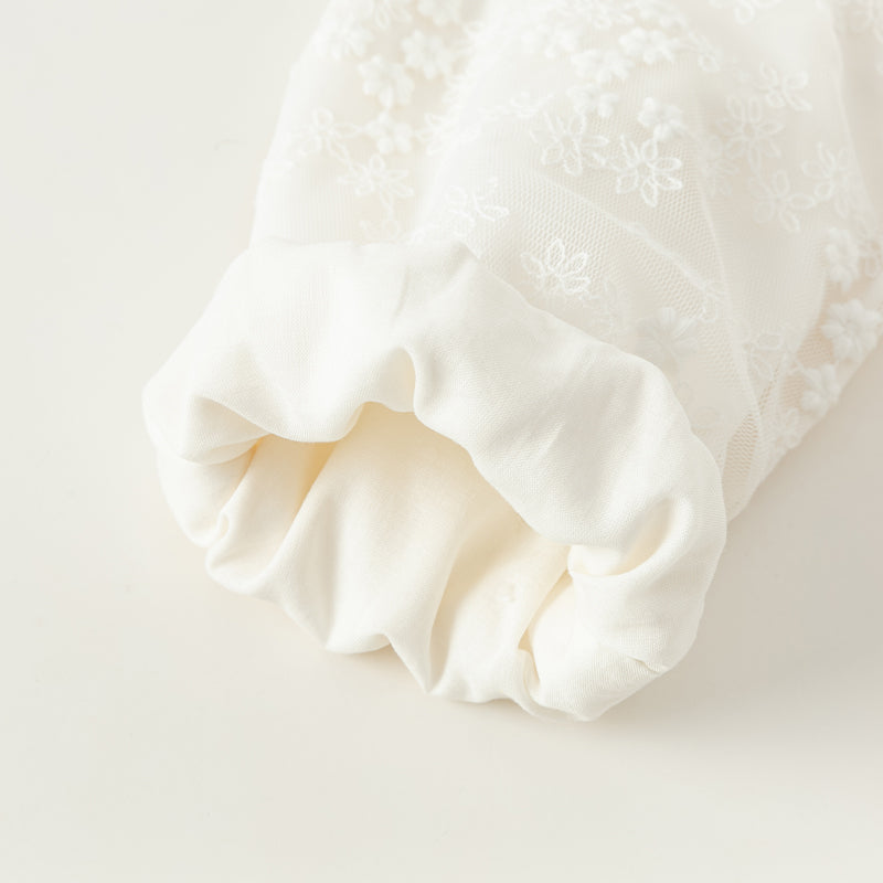 فستان بنات طويل الأكمام من التول باللون البيج بأسلوب أميرة مع تطريز فاخر