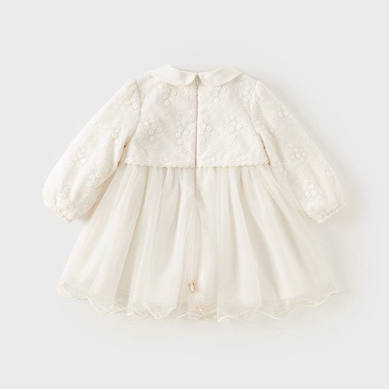 فستان بنات طويل الأكمام من التول باللون البيج بأسلوب أميرة مع تطريز فاخر