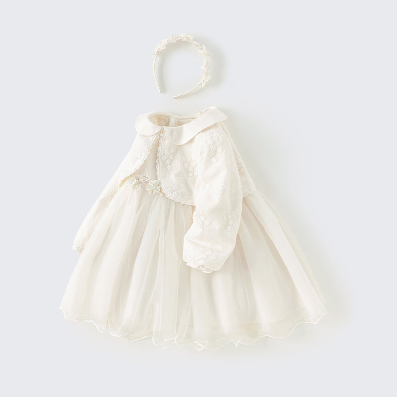 فستان بنات طويل الأكمام من التول باللون البيج بأسلوب أميرة مع تطريز فاخر