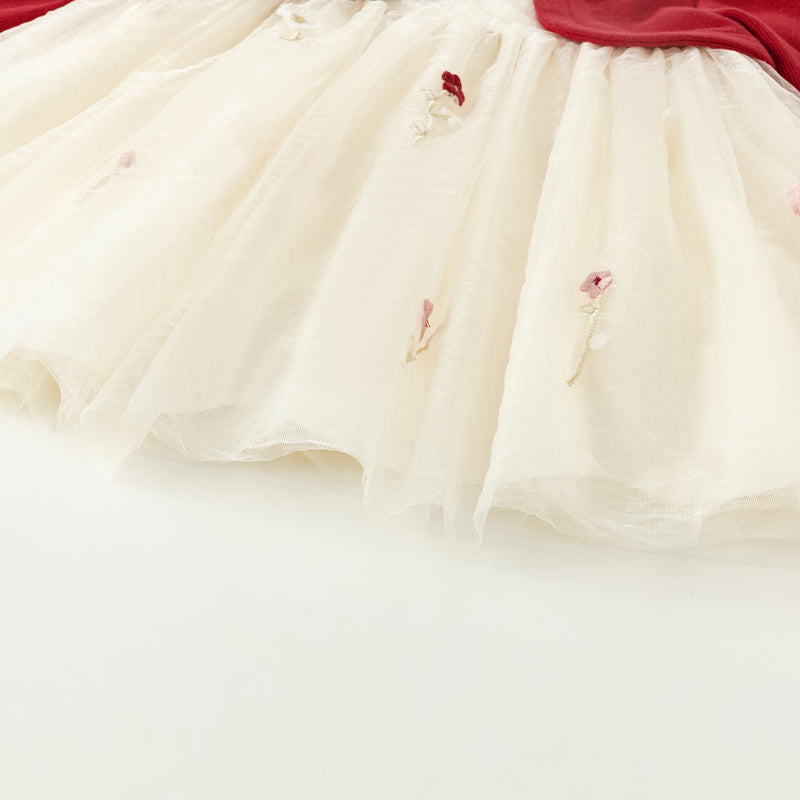 فستان بنات بأكمام طويلة من قماش محبوك باللون الخمري مع تنورة تول بأسلوب أميرة