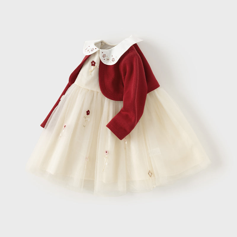 فستان بنات بأكمام طويلة من قماش محبوك باللون الخمري مع تنورة تول بأسلوب أميرة