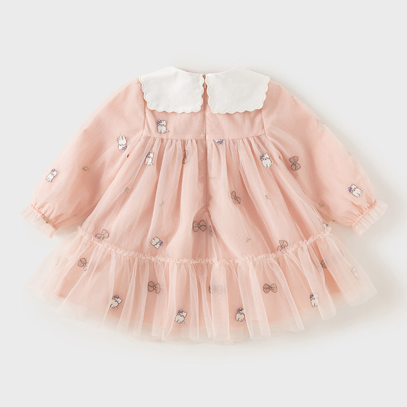 فستان بنات طويل الأكمام من التول باللون الوردي بأسلوب لطيف