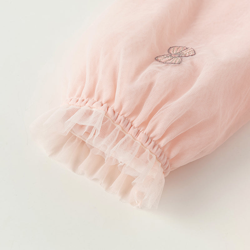 فستان بنات طويل الأكمام من التول باللون الوردي بأسلوب لطيف