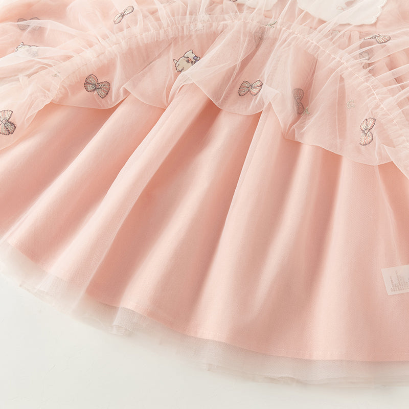 فستان بنات طويل الأكمام من التول باللون الوردي بأسلوب لطيف