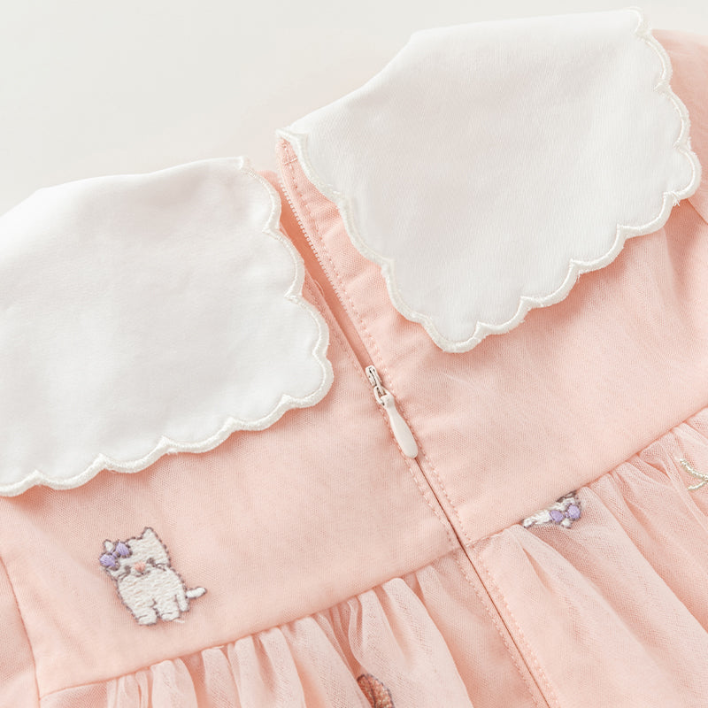 فستان بنات طويل الأكمام من التول باللون الوردي بأسلوب لطيف