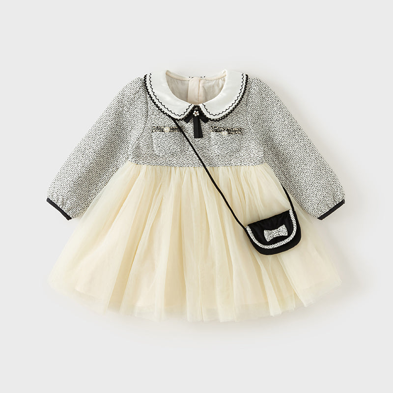 فستان بنات طويل الأكمام من قماش تويد أسود وأبيض مع تنورة تول باللون البيج بأسلوب أميرة