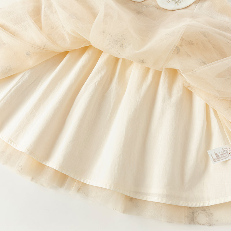 فستان بنات بأكمام طويلة مخمل مشمشي تنورة تول بنقشة نجمية تصميم أميري