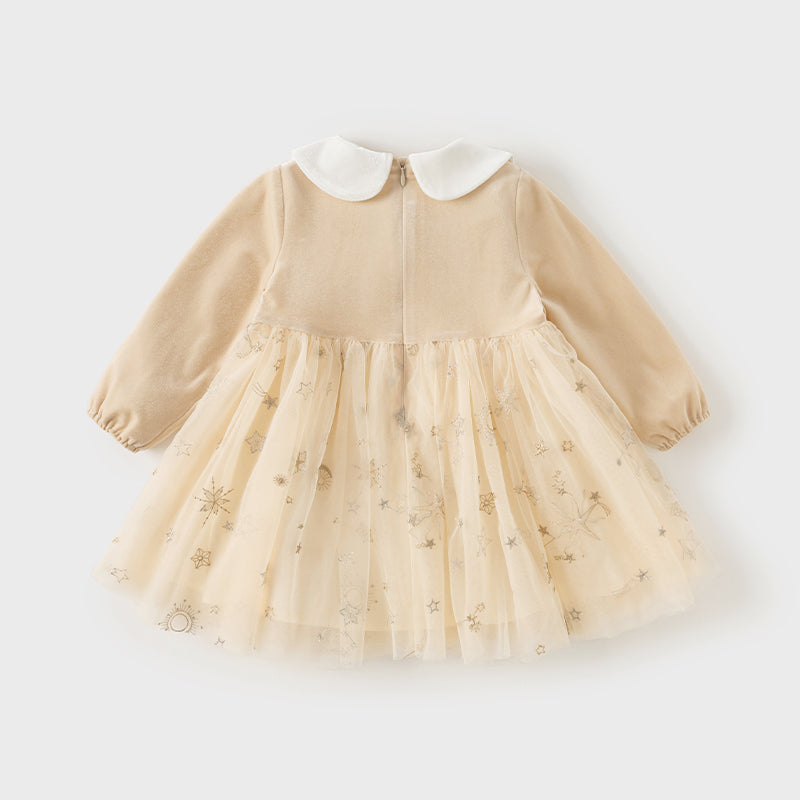 فستان بنات بأكمام طويلة مخمل مشمشي تنورة تول بنقشة نجمية تصميم أميري