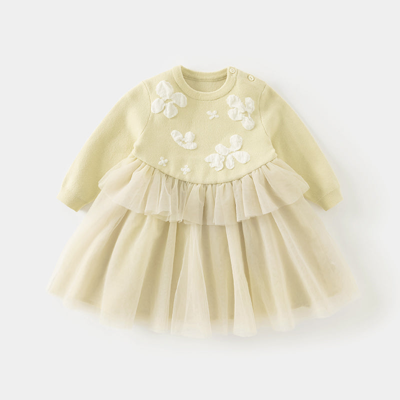 فستان بنات بأكمام طويلة باللون الأصفر بقماش محبوك وتنورة تول، ستايل كاجوال راقٍ