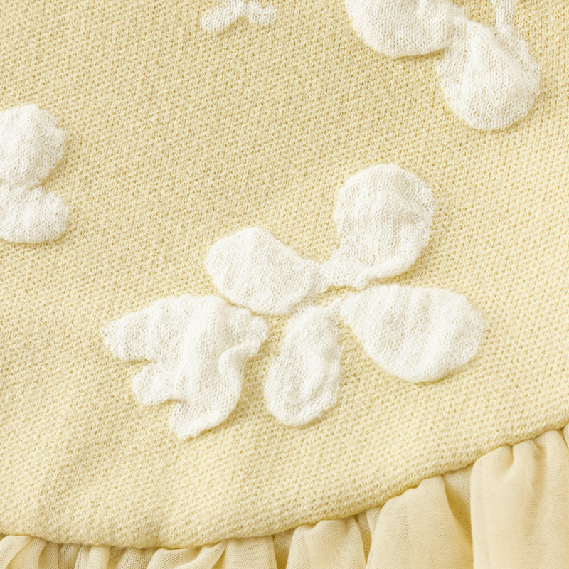 فستان بنات بأكمام طويلة باللون الأصفر بقماش محبوك وتنورة تول، ستايل كاجوال راقٍ