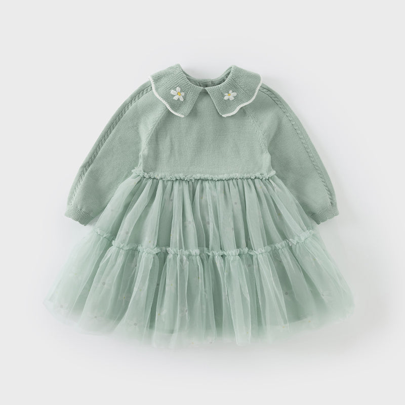 فستان بنات بأكمام طويلة باللون الأخضر المائي من قماش محبوك وتنورة تول تصميم أميري