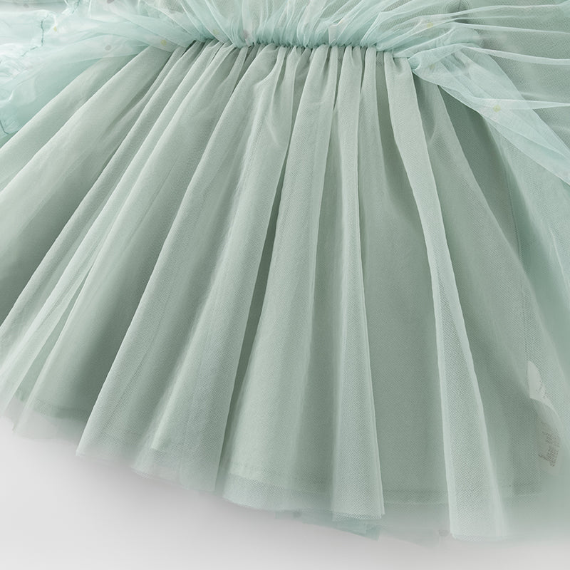 فستان بنات بأكمام طويلة باللون الأخضر المائي من قماش محبوك وتنورة تول تصميم أميري