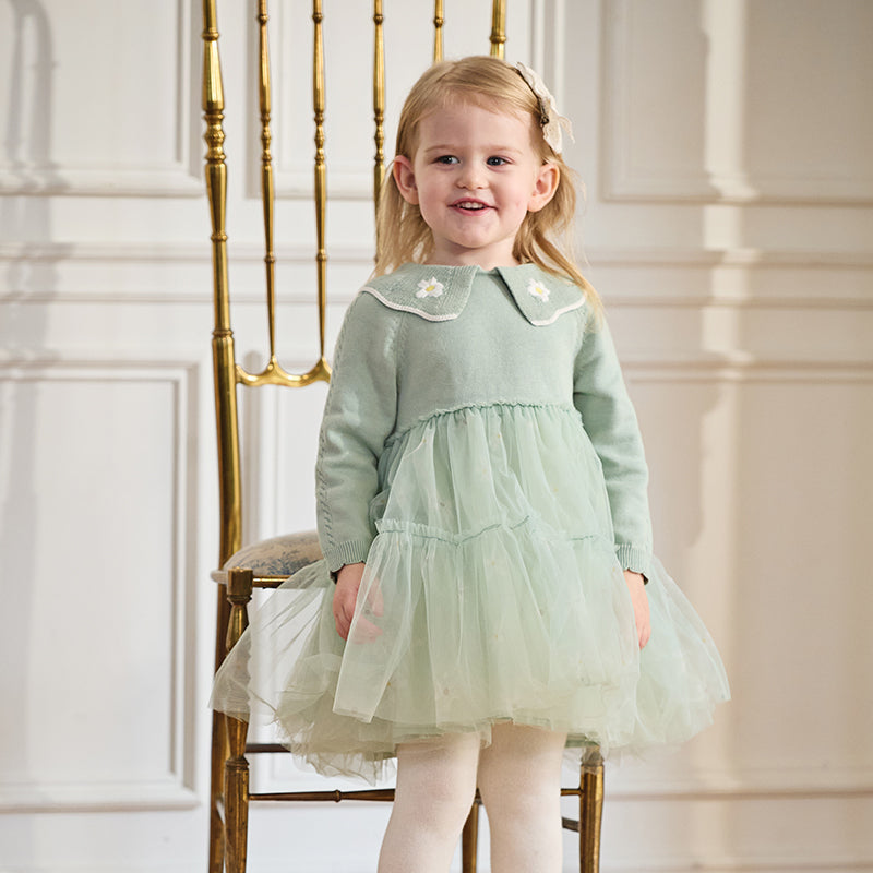 فستان بنات بأكمام طويلة باللون الأخضر المائي من قماش محبوك وتنورة تول تصميم أميري