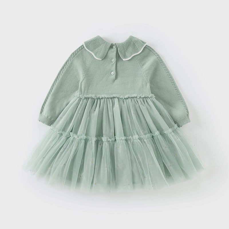 فستان بنات بأكمام طويلة باللون الأخضر المائي من قماش محبوك وتنورة تول تصميم أميري