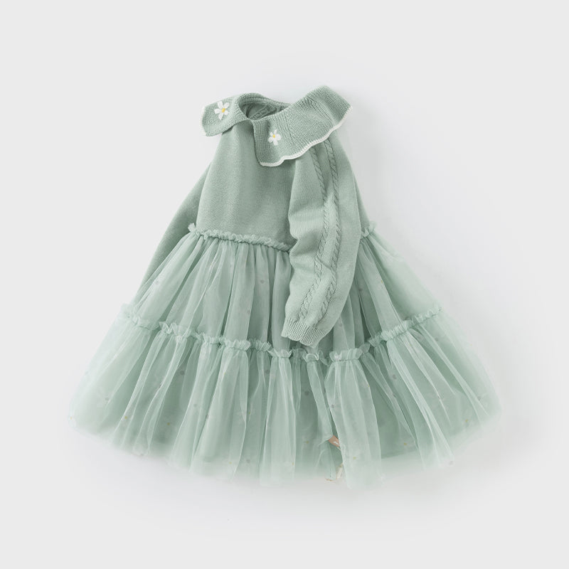 فستان بنات بأكمام طويلة باللون الأخضر المائي من قماش محبوك وتنورة تول تصميم أميري