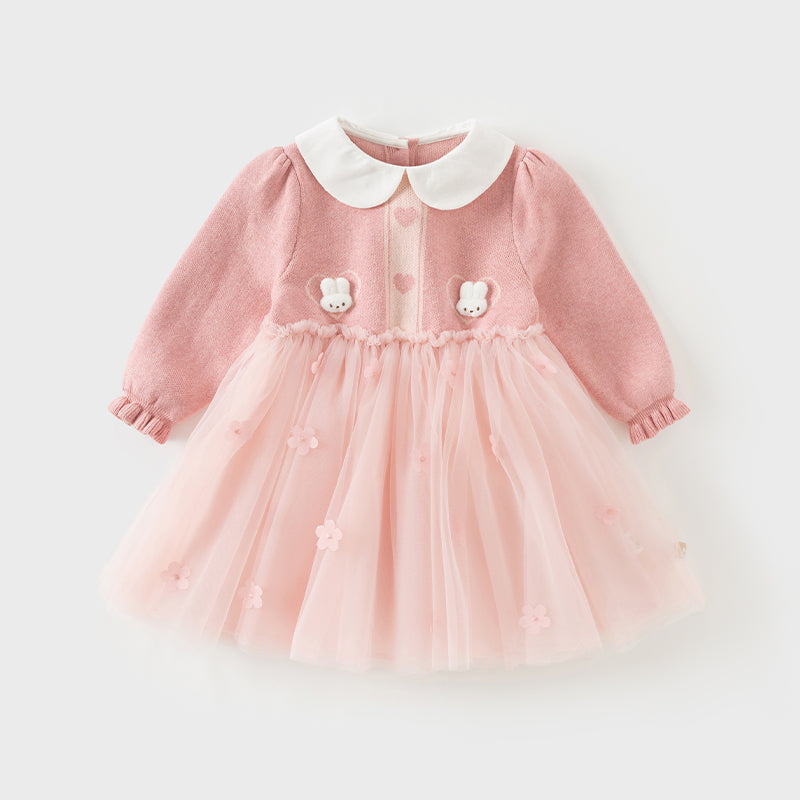 فستان بنات طويل الأكمام من قماش محبوك باللون الوردي بأسلوب لطيف مع تنورة تول بأسلوب أميرة