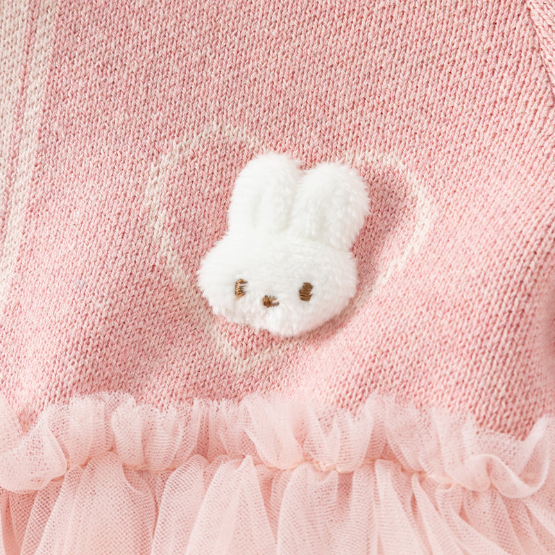 فستان بنات طويل الأكمام من قماش محبوك باللون الوردي بأسلوب لطيف مع تنورة تول بأسلوب أميرة