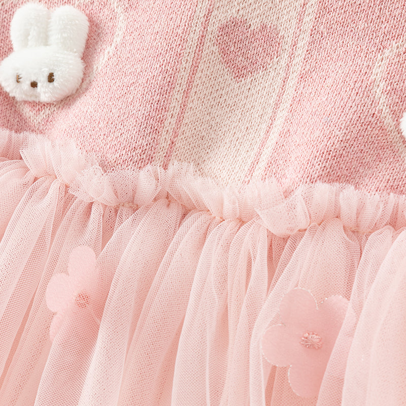 فستان بنات طويل الأكمام من قماش محبوك باللون الوردي بأسلوب لطيف مع تنورة تول بأسلوب أميرة