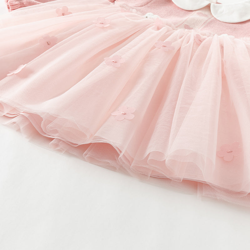 فستان بنات طويل الأكمام من قماش محبوك باللون الوردي بأسلوب لطيف مع تنورة تول بأسلوب أميرة