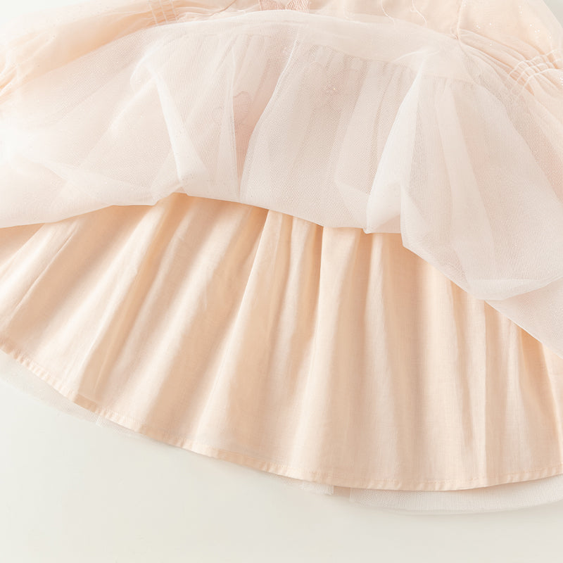 فستان للبنات الصغيرات بأكمام طويلة من التول باللون الوردي الفاتح بتصميم أميري