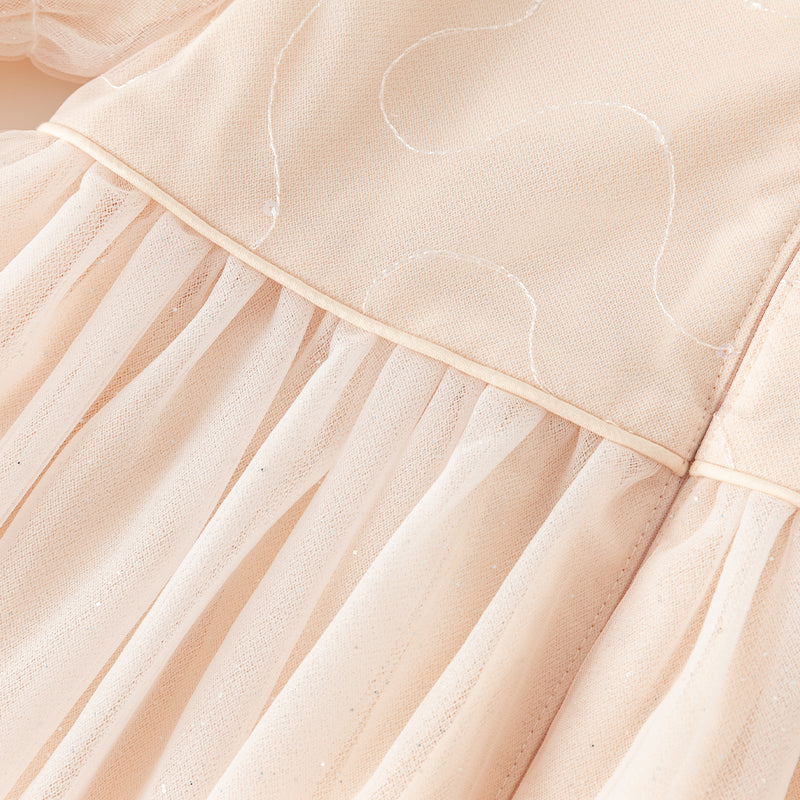 فستان للبنات الصغيرات بأكمام طويلة من التول باللون الوردي الفاتح بتصميم أميري