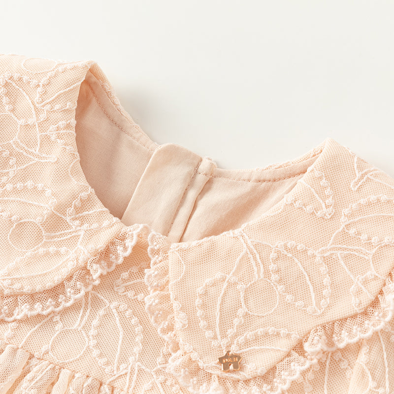 فستان بنات طويل الأكمام من التول باللون الوردي الفاتح بأسلوب أنيق