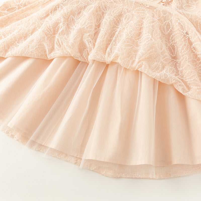 فستان بنات طويل الأكمام من التول باللون الوردي الفاتح بأسلوب أنيق