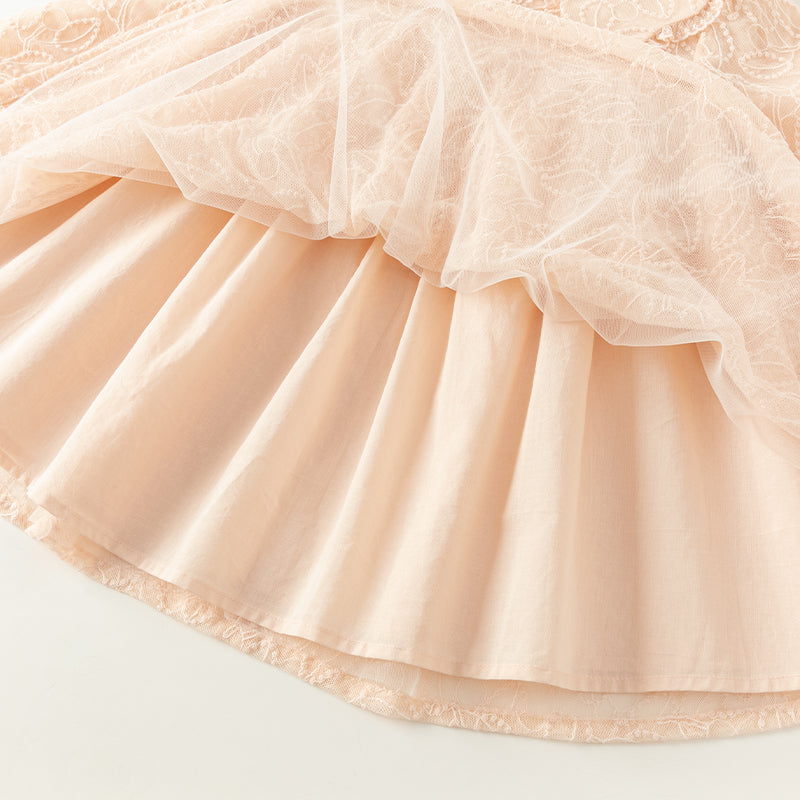 فستان بنات طويل الأكمام من التول باللون الوردي الفاتح بأسلوب أنيق