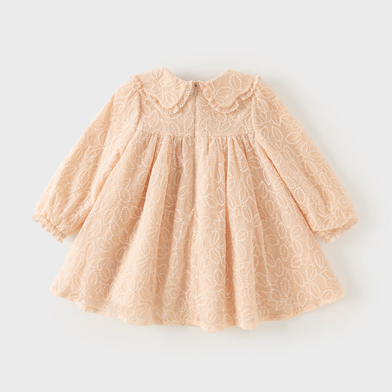 فستان بنات طويل الأكمام من التول باللون الوردي الفاتح بأسلوب أنيق