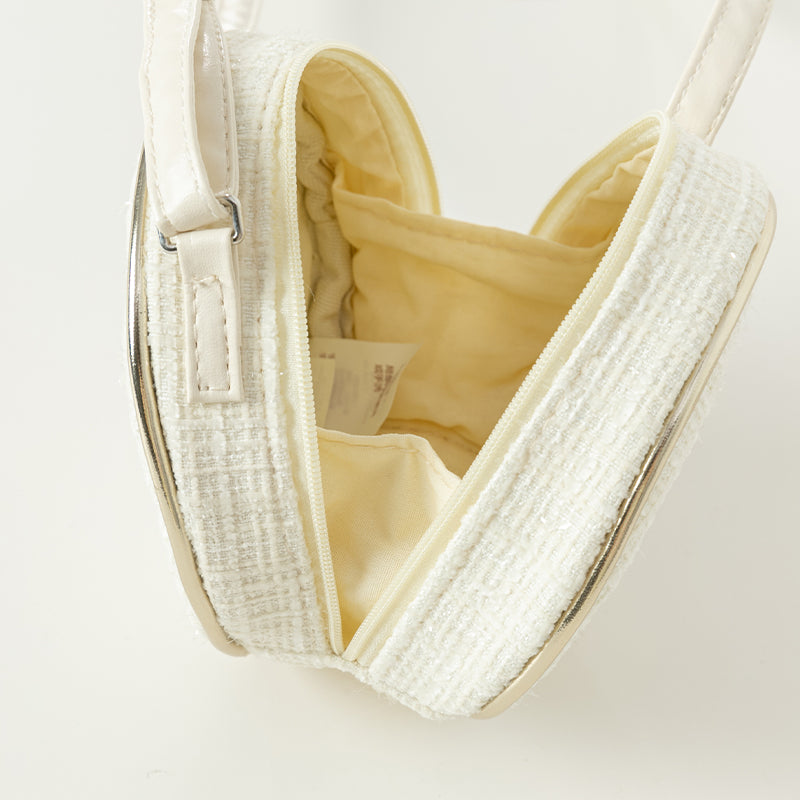 حقيبة كروس بودي أنيقة باللون الأبيض الفضي للبنات من قماش تويد بطابع أميري