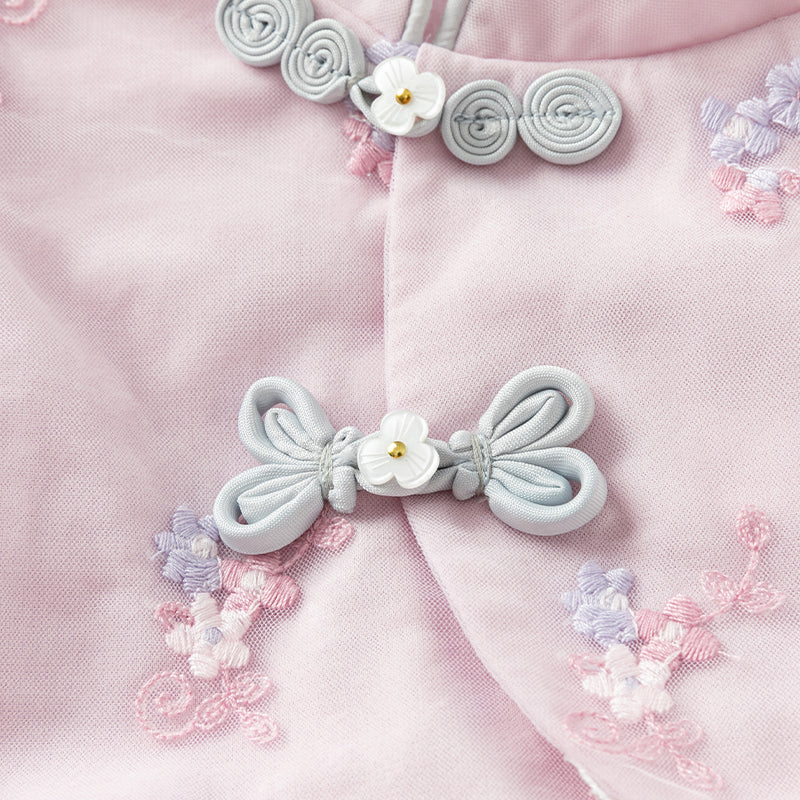 فستان بنات طويل الأكمام من التول باللون الأرجواني الوردي بأسلوب صيني عصري (يشمل حقيبة كروس)