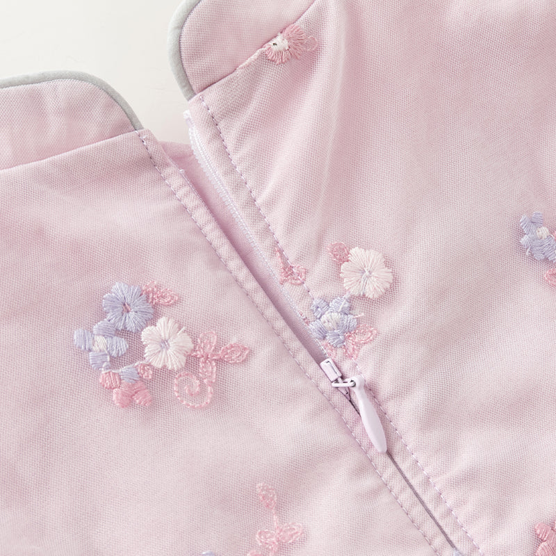 فستان بنات طويل الأكمام من التول باللون الأرجواني الوردي بأسلوب صيني عصري (يشمل حقيبة كروس)