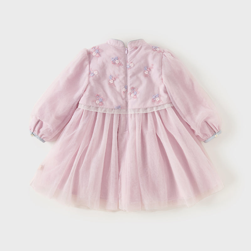 فستان بنات طويل الأكمام من التول باللون الأرجواني الوردي بأسلوب صيني عصري (يشمل حقيبة كروس)