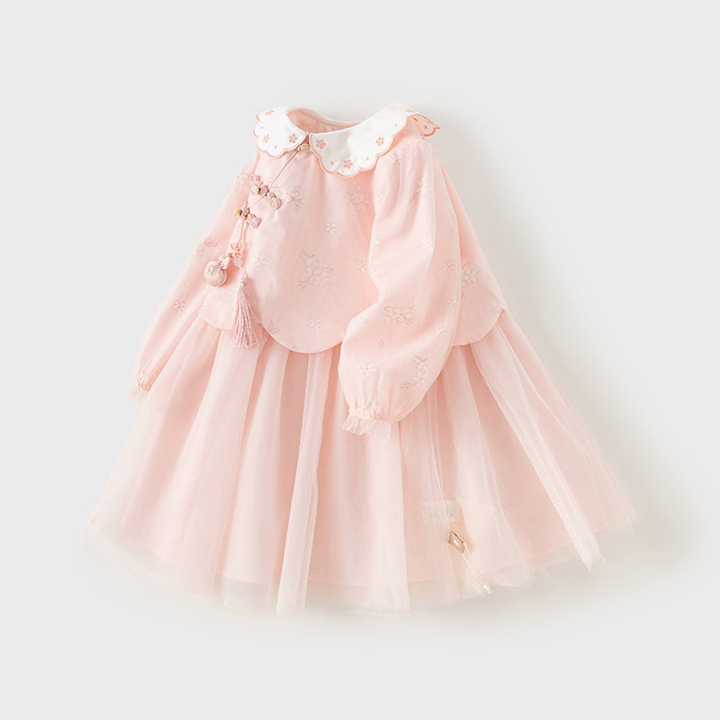 فستان بنات بأكمام طويلة من التول وردي فاتح مطبوع بالزهور تصميم صيني