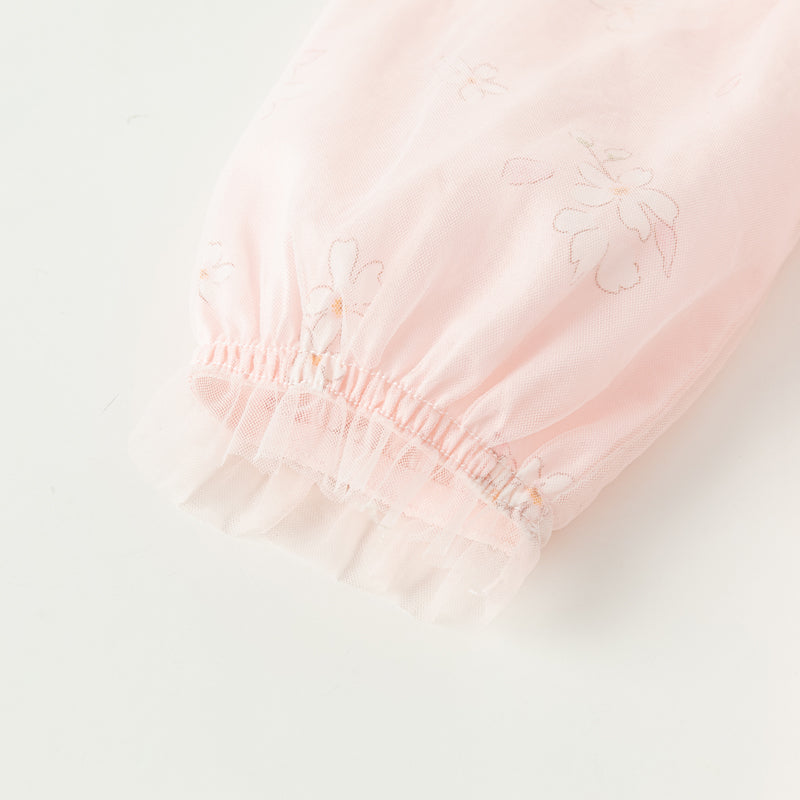 فستان بنات بأكمام طويلة من التول وردي فاتح مطبوع بالزهور تصميم صيني