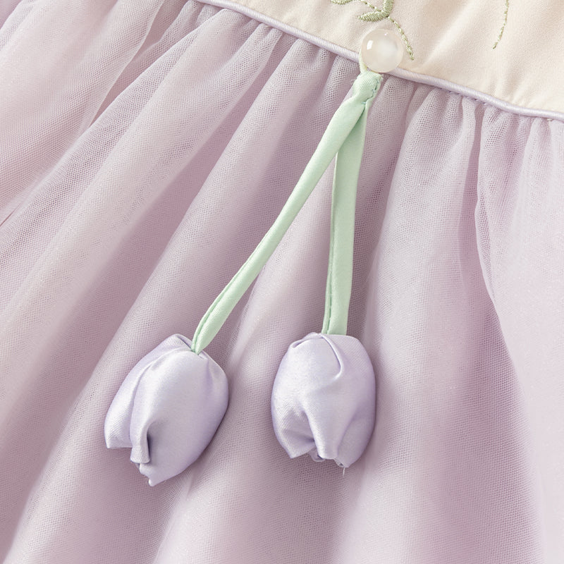 فستان بنات طويل الأكمام من التول باللون البنفسجي الغباري بأسلوب صيني عصري